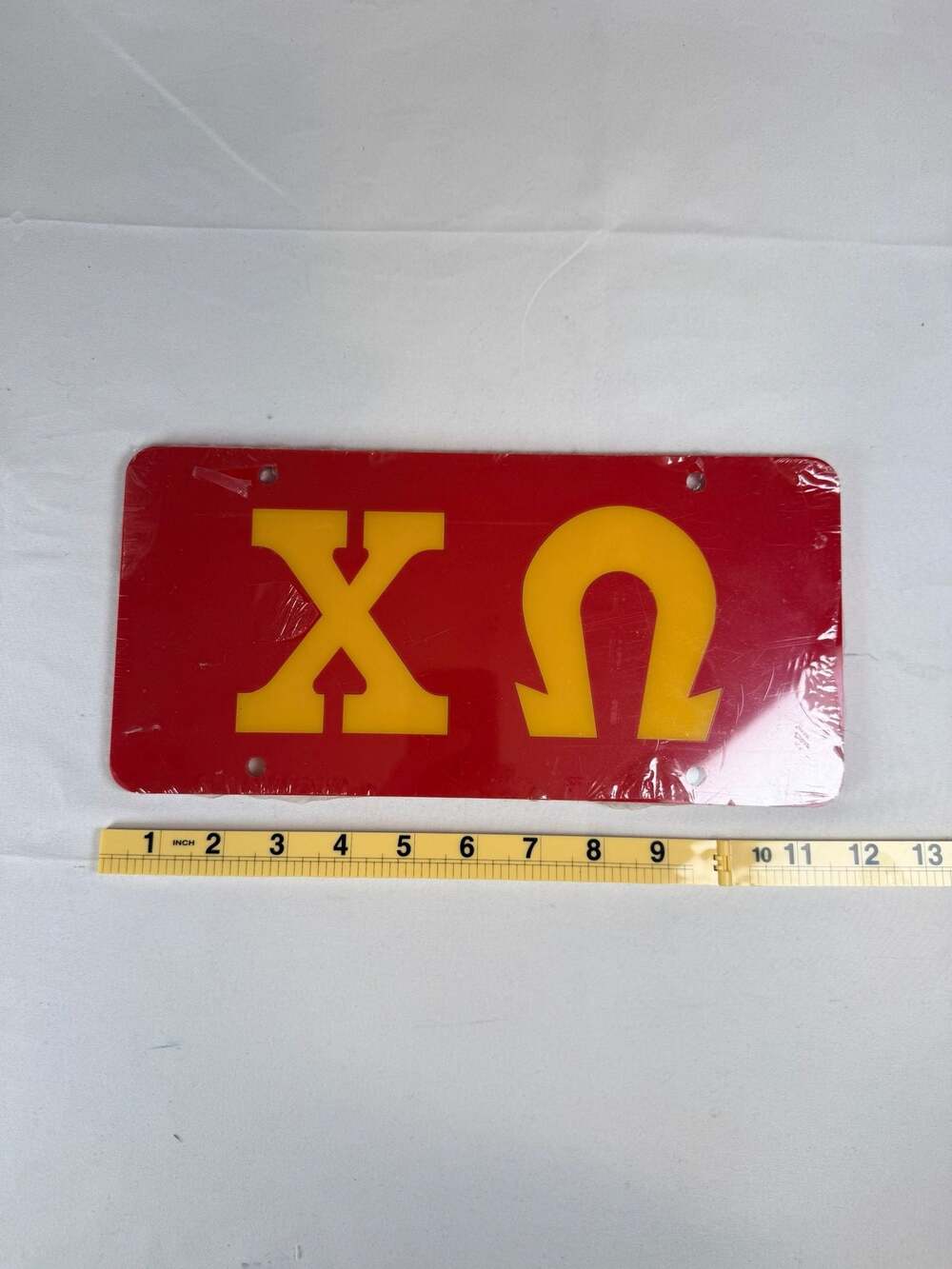 Collegiate Craftique Chi Omega Sorority Prep License Plate Car Tag Red and Yello